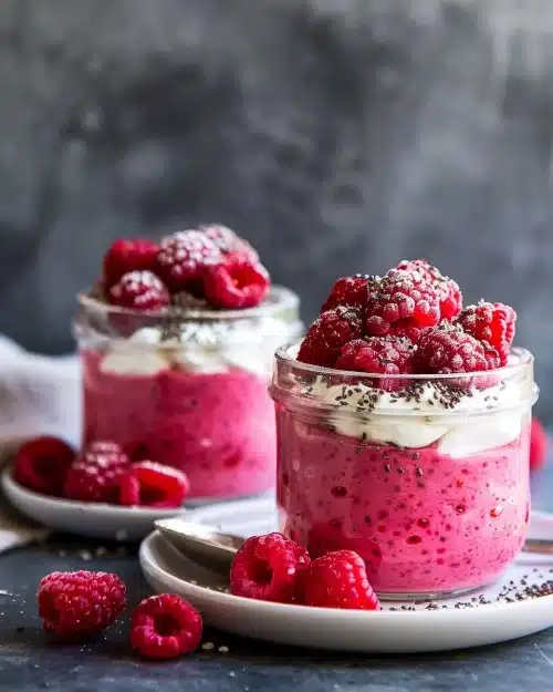 Pudding de chia aux framboises dans un verre, décoré de fruits frais.
