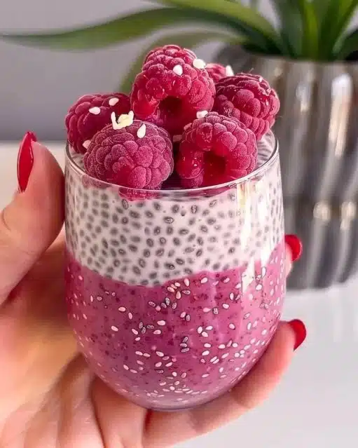 Pudding de chia aux framboises dans un bol blanc, décoré de framboises fraîches