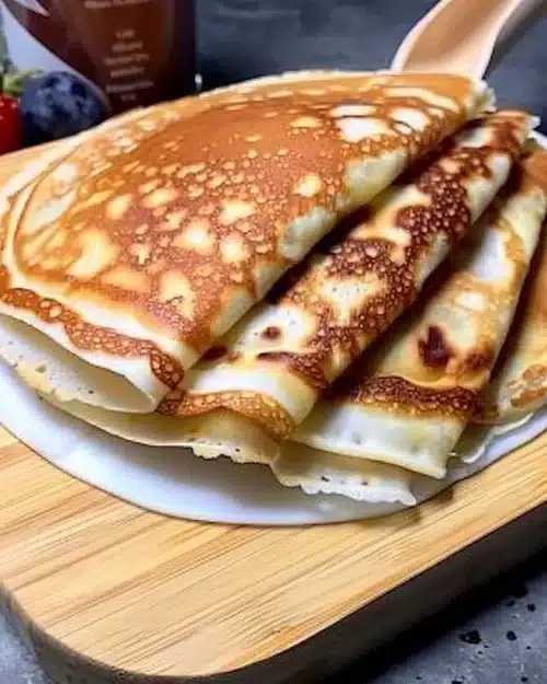 Pancakes moelleux servis avec des fruits et du sirop d'érable