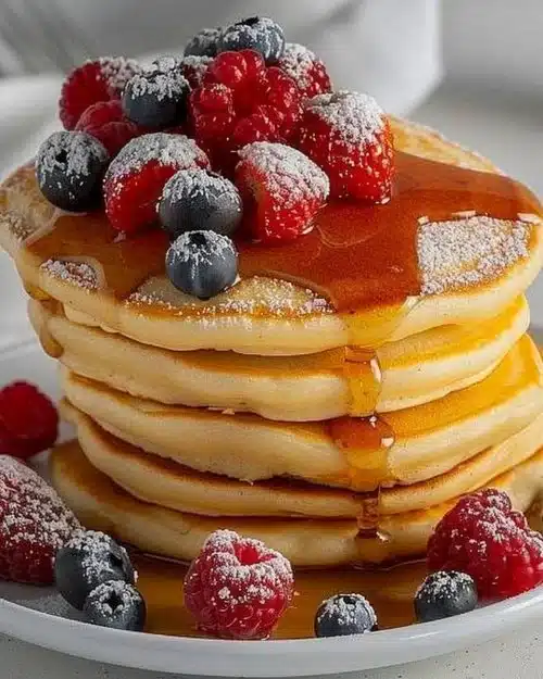 Pancakes soufflés moelleux sur une assiette, garnis de fruits frais.