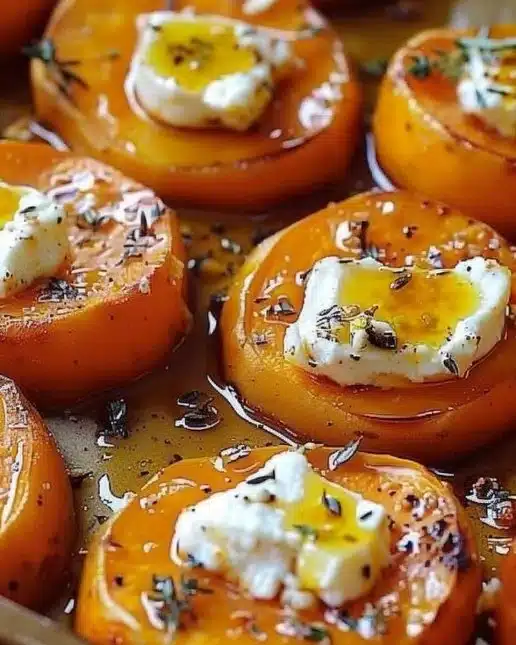 Patates douces rôties avec fromage de chèvre et miel sur une assiette