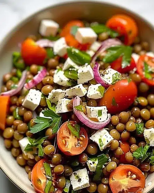 Salade croquante de lentilles et feta, plat coloré et nutritif.