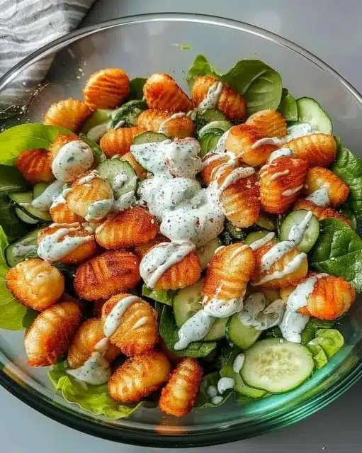 Salade de gnocchis croquants avec dressing au yaourt