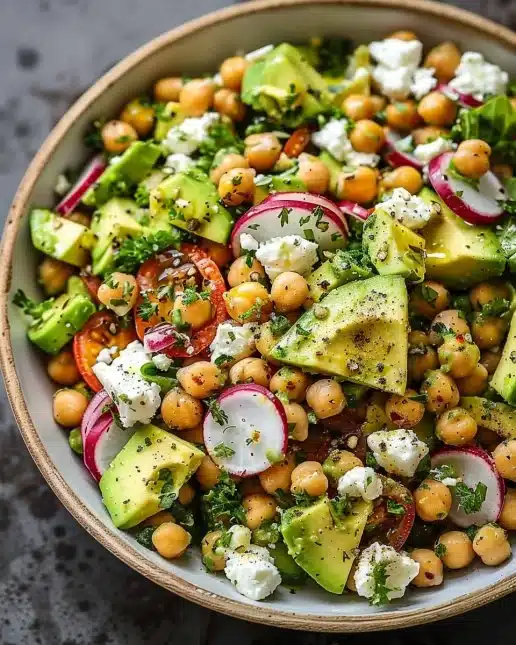 Salade de pois chiches avec feta et avocat, healthy et délicieux
