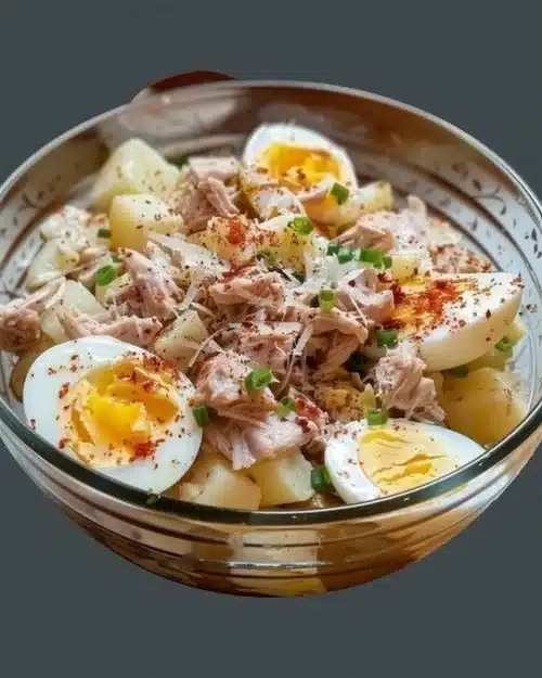 Salade de pommes de terre au thon et aux œufs frais, garnie d'herbes fraîches.