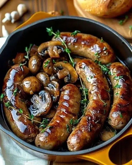 Recette de saucisses, champignons et pommes de terre cuisinées au four