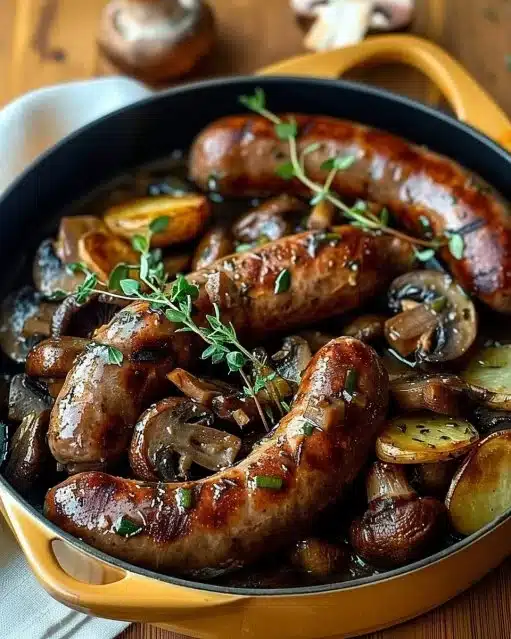 Recette de saucisses, champignons et pommes de terre cuites au four
