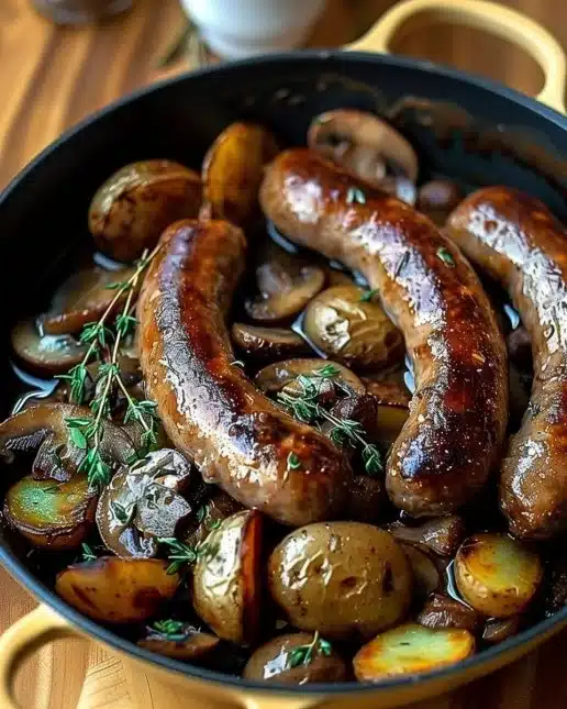 Saucisses, champignons et pommes de terre cuits au four