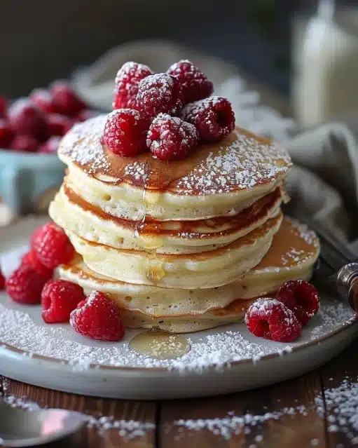 Pancakes soufflés légers et aériens, garnis de fruits et sirop.