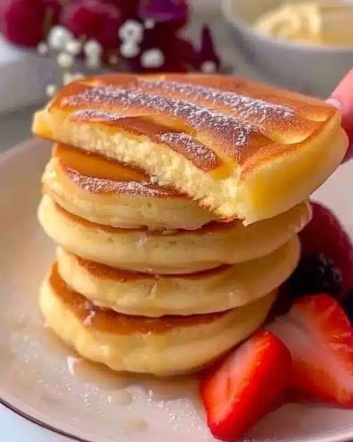 Soufflé pancakes protéinés savoureux garnis de fruits frais