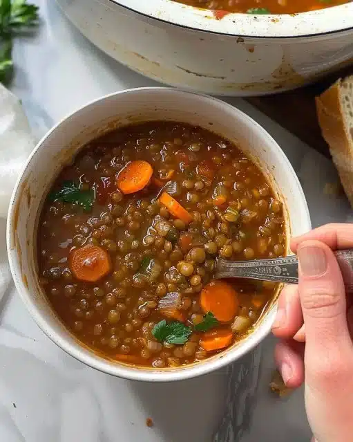 Soupe de lentilles classique dans un bol avec des herbes fraîches