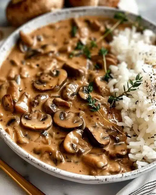 Plat savoureux de Stroganoff de Champignons servi avec des pâtes
