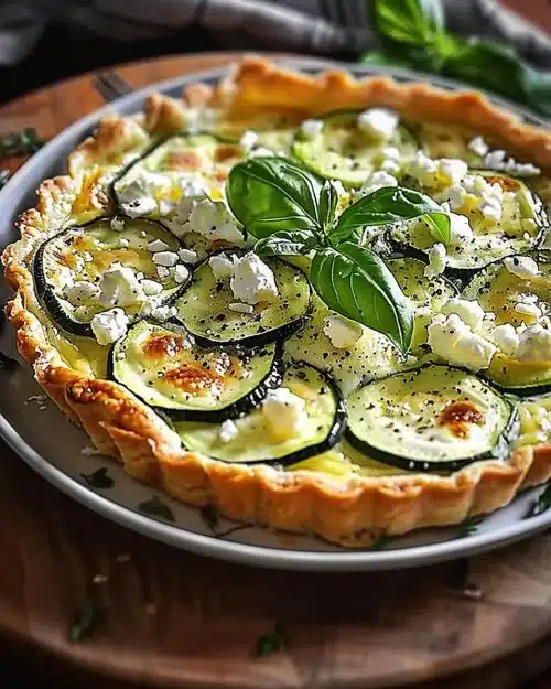 Tarte Courgette Feta savoureuse et colorée, parfaite pour un repas léger.