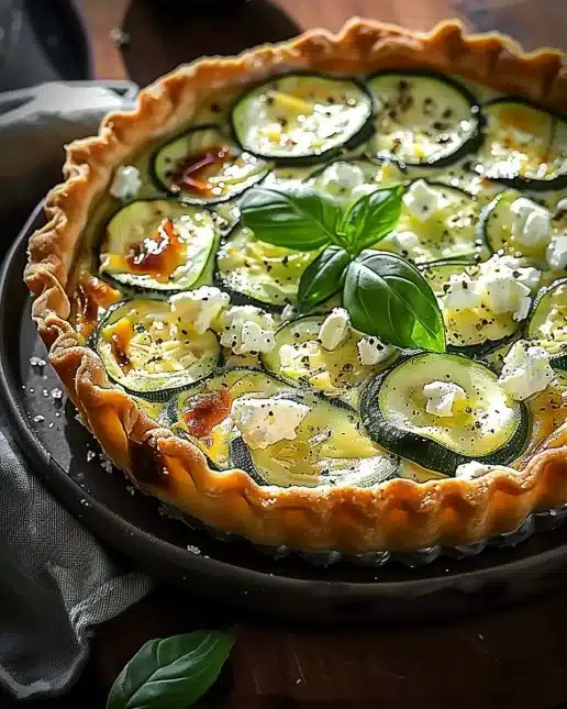 Tarte Courgette Feta garnie de fromage feta et de courgettes fraîches