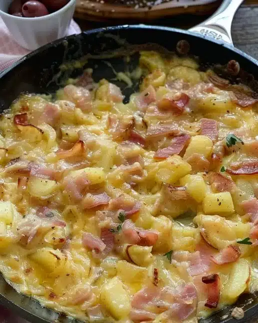 Tartiflette à la poêle, plat savoureux à base de pommes de terre et fromage