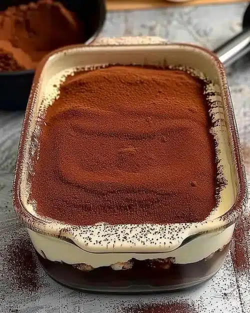 Tiramisu traditionnel avec café et cacao en poudre sur une table en bois.