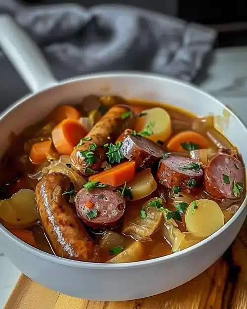 Ragoût traditionnel avec des saucisses fumées sur une table élégante.