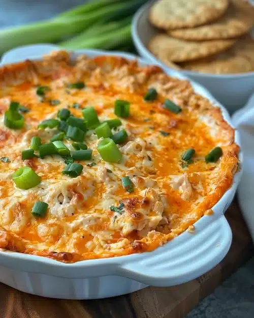 Trempette au poulet Buffalo servie dans un bol avec des chips