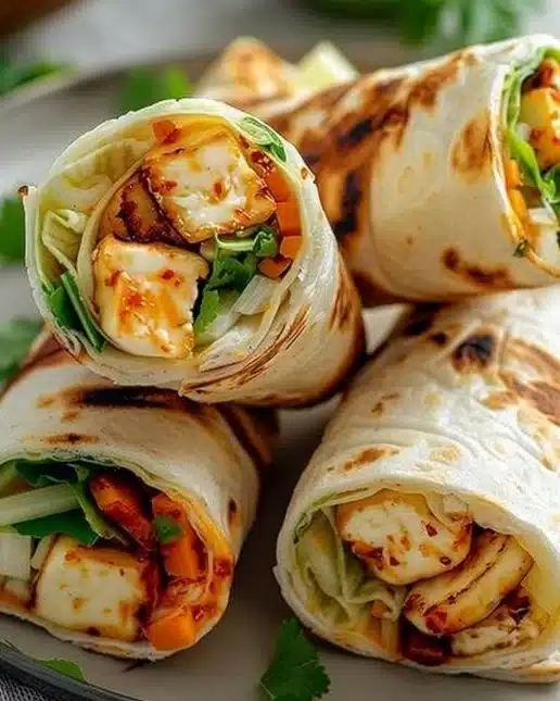 Wraps de halloumi au chili sucré avec garnitures colorées et appétissantes