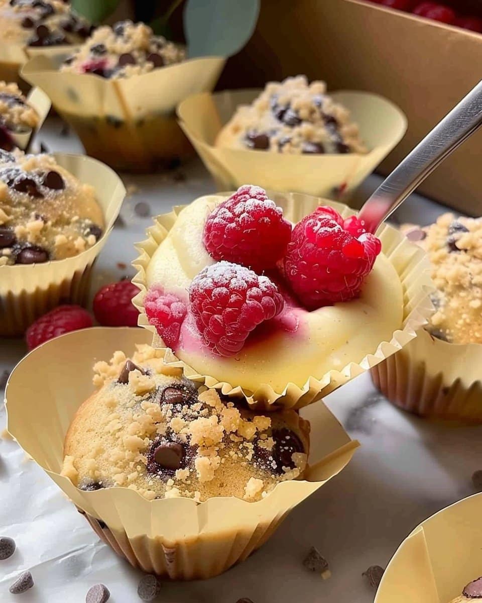 Muffins aux framboises et pépites de chocolat avec un crumble dessus