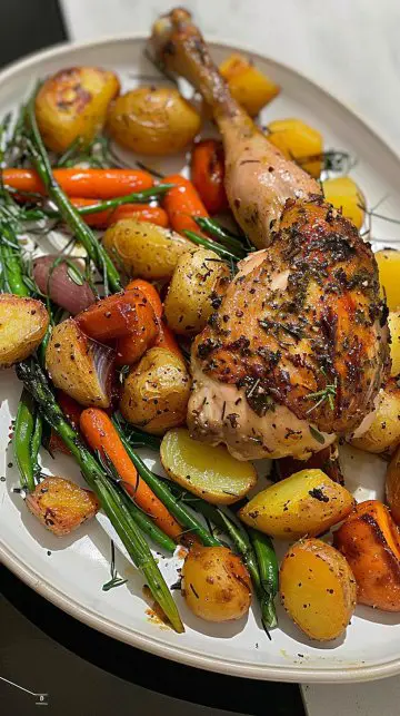 Poulet sur plaque avec légumes et pommes de terre