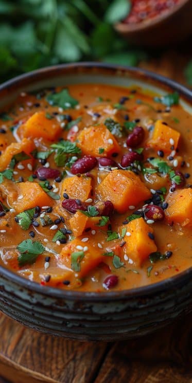 Curry Végétarien de Potimarron et Haricots Rouges au Lait de Soja