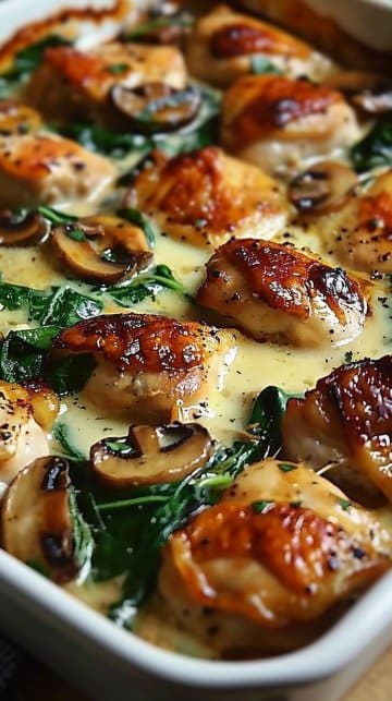 Plat au four de poulet, épinards et champignons faible en glucides