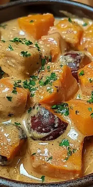 Blanquette de Dinde aux Marrons et Potiron, plat réconfortant et savoureux.