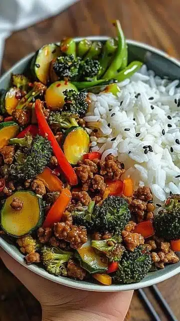 Bol de sauté de boeuf haché épicé avec légumes à l'ail et riz vapeur