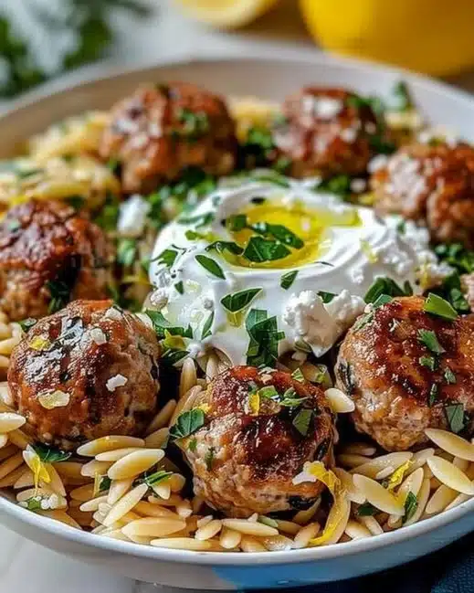 Boulettes grecques servies avec orzo citronné et crème de feta