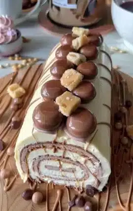 Bûche Kinder Bueno Blanc, dessert chocolaté au praliné gourmet.