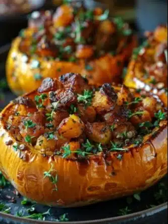 Butternut farcie garnie de légumes et d'épices, prête à être servie.