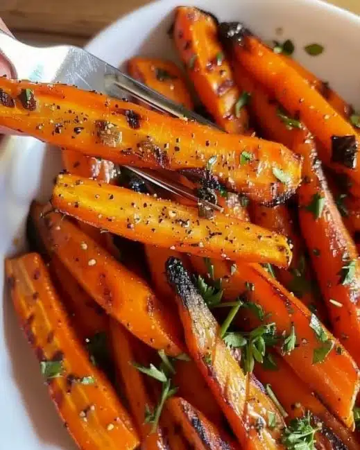 Carottes rôties dorées au four avec herbes et épices.
