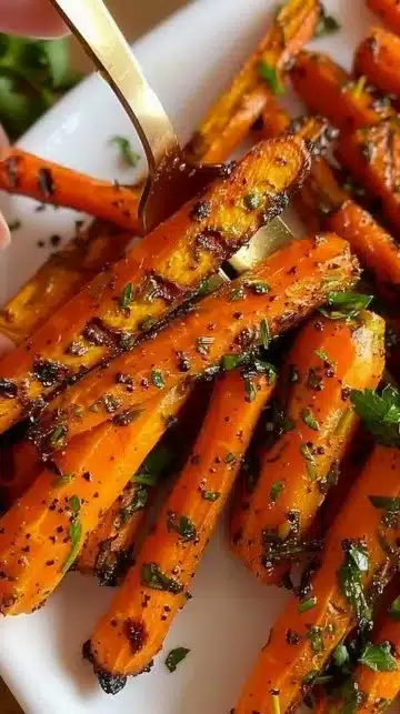Carottes rôties dorées, garnies d'herbes aromatiques sur un plat décoratif.