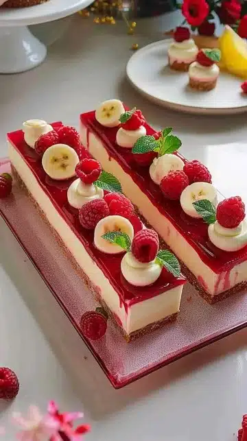 Cheesecake framboise crémeux avec une garniture de framboises fraîches