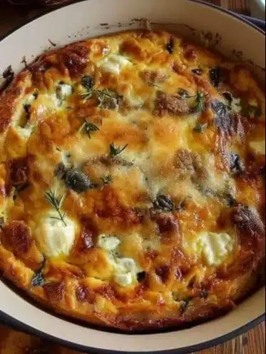 Clafoutis de potimarron au chèvre tout juste sorti du four, prêt à être dégusté.