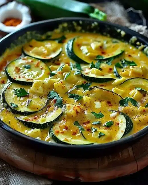 Plat de courgettes au lait de coco et curry, délicieux et réconfortant