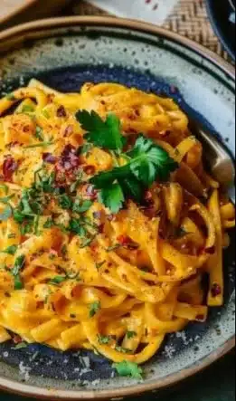 Pâtes crémeuses au potiron sans gluten et végétariennes servies dans une assiette.