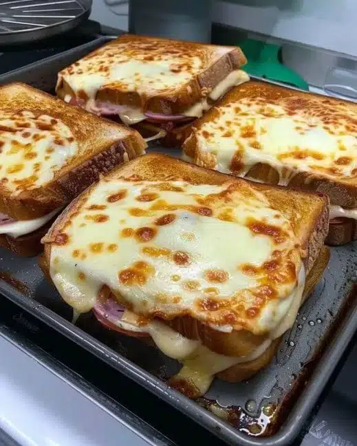 Image d'un délicieux Croque-Monsieur, un sandwich français au fromage et jambon.