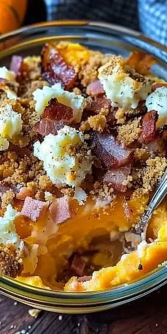 Crumble de potiron au bacon et fromage de chèvre, plat réconfortant et savoureux.