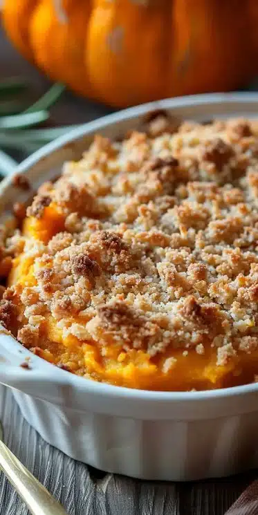 Savory crumble with pumpkin and vegetarian ingredients, ideal for a healthy meal.