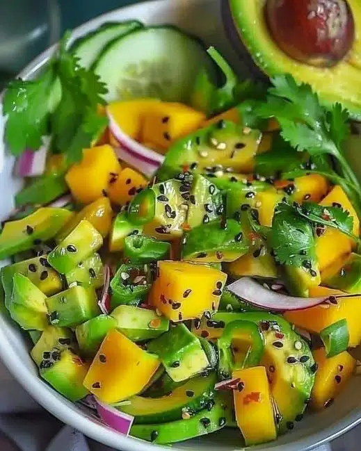 Salade de concombre, mangue et avocat fraîche et colorée