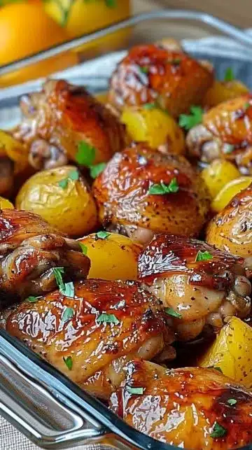 Plat de cuisses de poulet rôties avec pommes de terre dorées