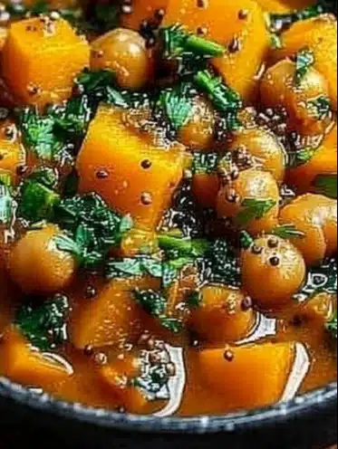 Curry au potiron et pois chiches dans un bol, plat réconfortant et savoureux