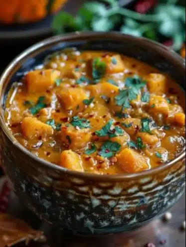 Curry de potimarron crémeux à la noix de coco dans un bol
