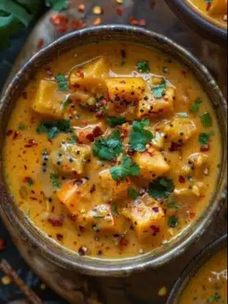 Curry de potimarron à la crème de coco servi dans un bol chaleureux.