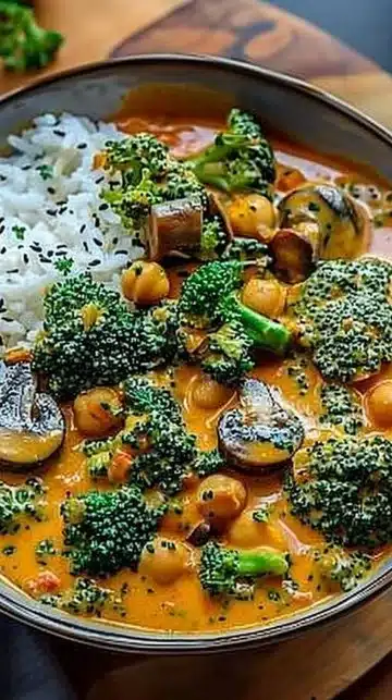 Curry végétarien au brocoli, pois chiches et champignons dans un bol.