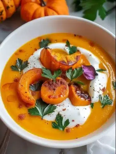 Bowl of creamy Velouté de Potimarron garnished with herbs.
