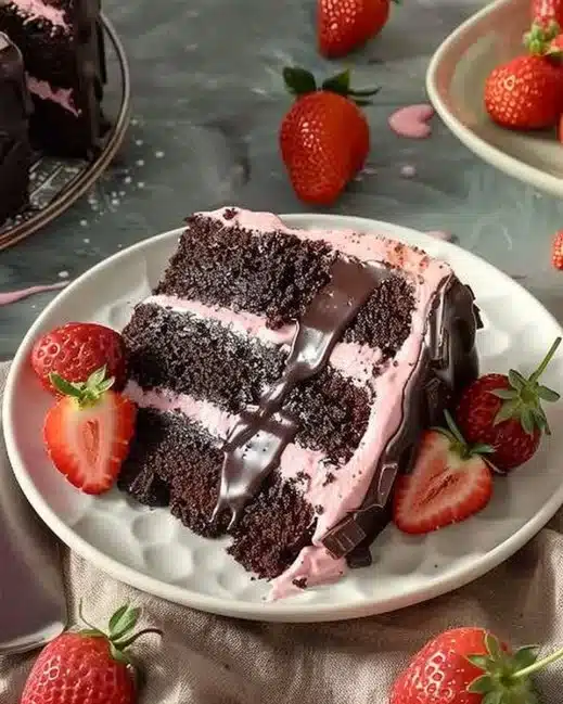 Gâteau au chocolat avec des fraises fraîches, un dessert délicieux et gourmand.