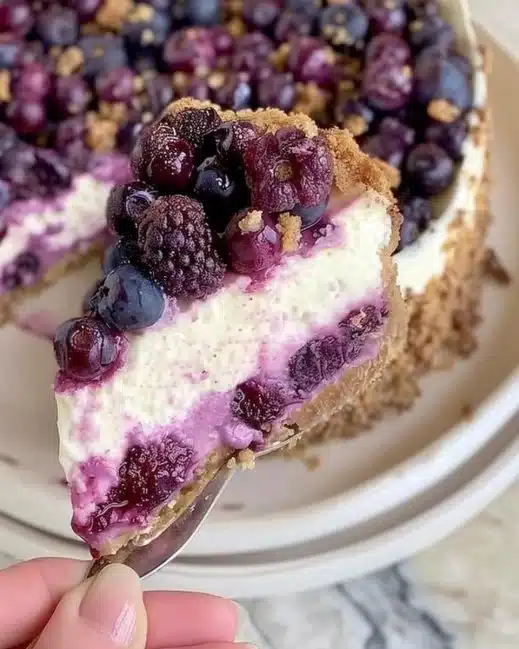 Gâteau au fromage aux bleuets frais et crémeux, un dessert irrésistible.
